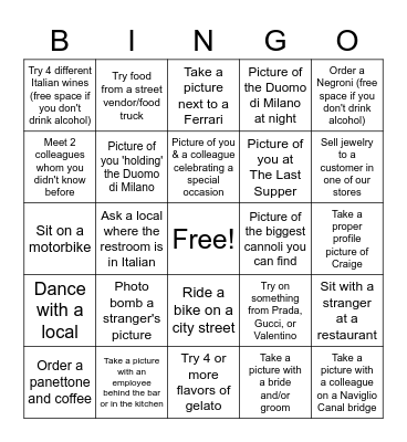 Talent Team Takes Milan - take a picture or video to document the fun Bingo Card