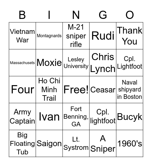 Sharpshooter Bingo Card