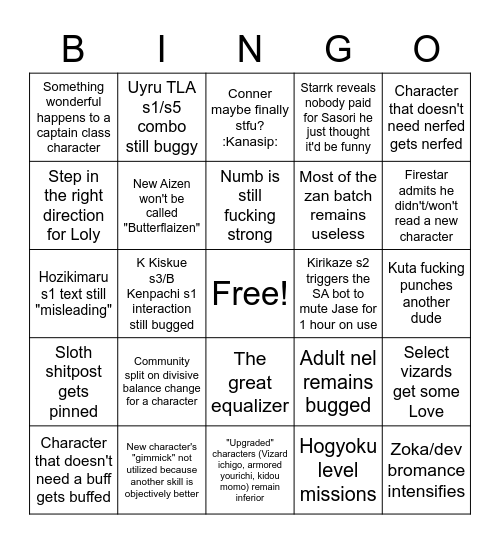 SA Update Bingo Card