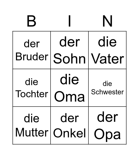 die Familie Bingo Card