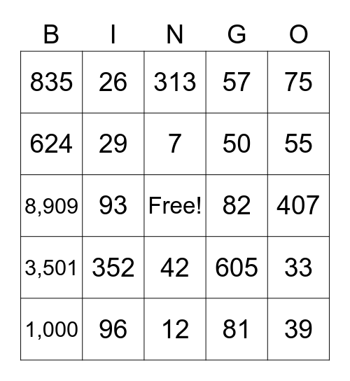 Number Bingo Card