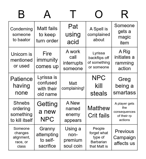 Baator Bingo Card