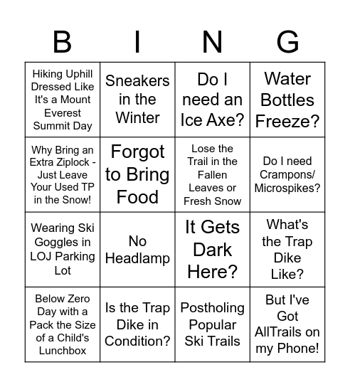 Fall/Winter Adirondack Hiking Bingo Card