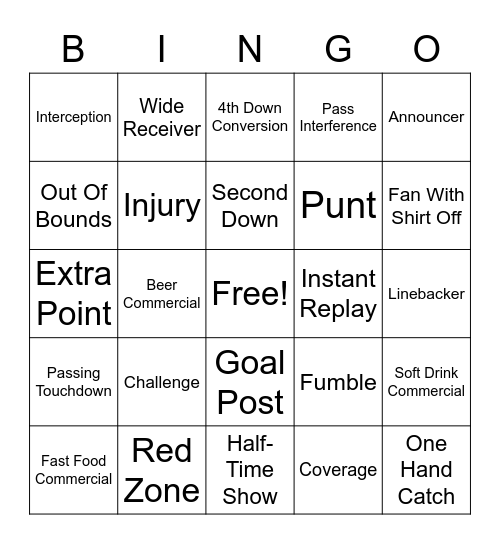 Game Day Bingo Card