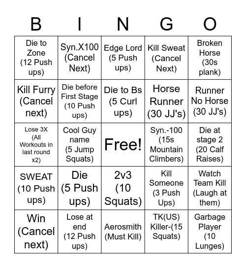 SBR WORKOUT Bingo Card