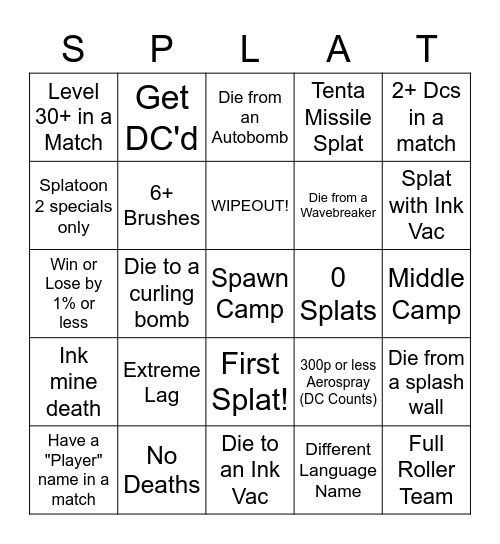 Splatoon 3 Solo Q Bingo Card
