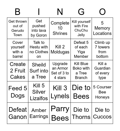 BotW Challenges Bingo Card