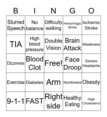 Stroke Prevention Bingo Card