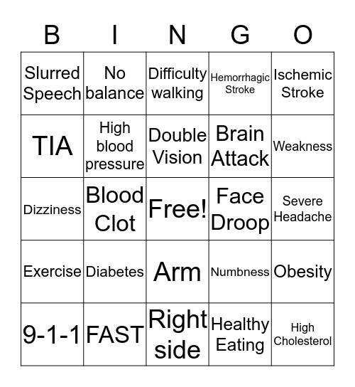 Stroke Prevention Bingo Card