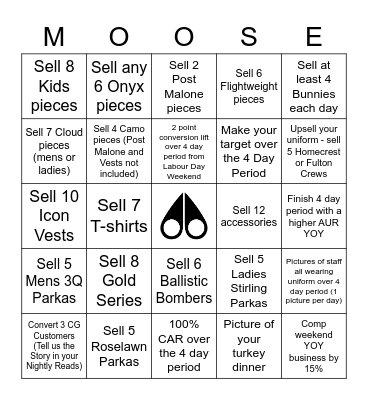 Long Weekend Moose Bingo Card