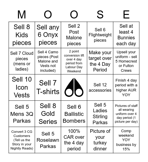 Long Weekend Moose Bingo Card