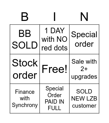 Weekend Sales Bingo Card