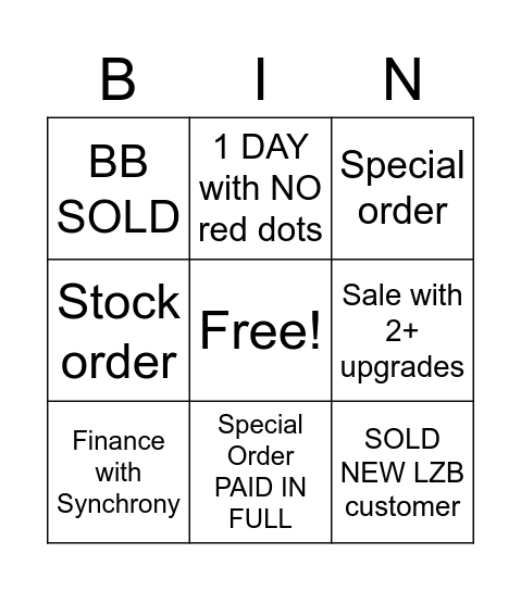 Weekend Sales Bingo Card