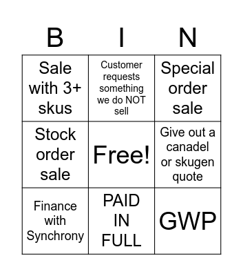 Weekend Sales Bingo Card