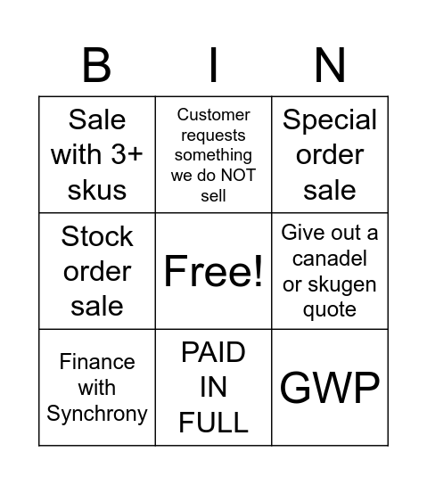 Weekend Sales Bingo Card