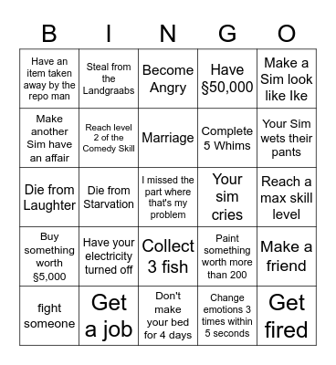 The Sims 4 Bingo Card