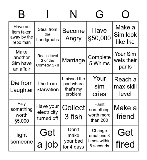 The Sims 4 Bingo Card