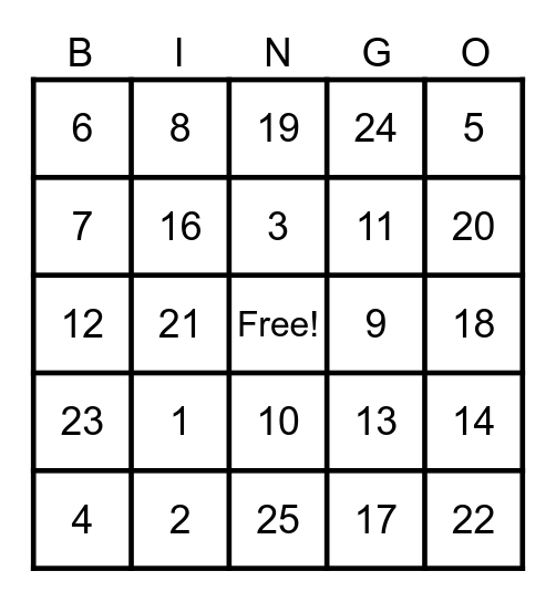 Number Bingo Card