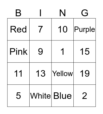 Colors and Numbers Bingo Card