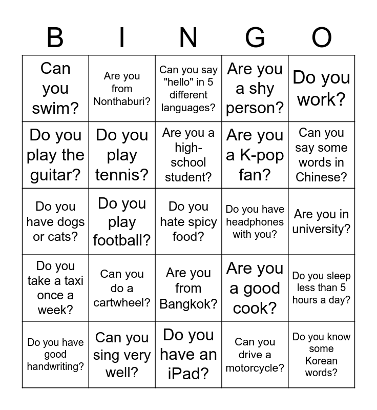 Can you? Are you? Do you? Bingo Card