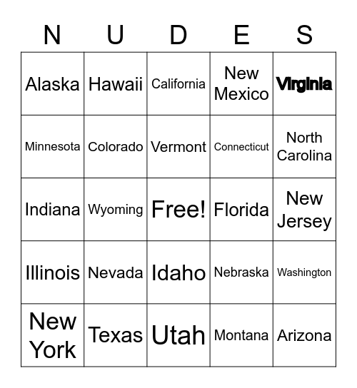 Nude Bingo (States) Bingo Card