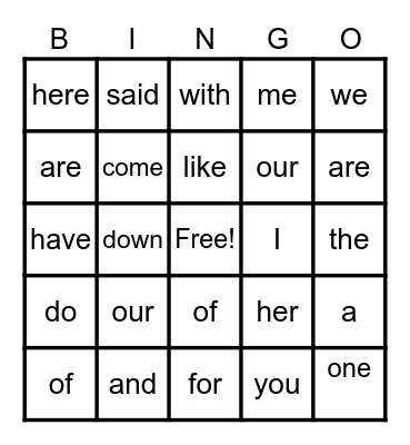 Sight Words Bingo Card