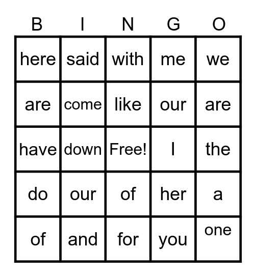 Sight Words Bingo Card