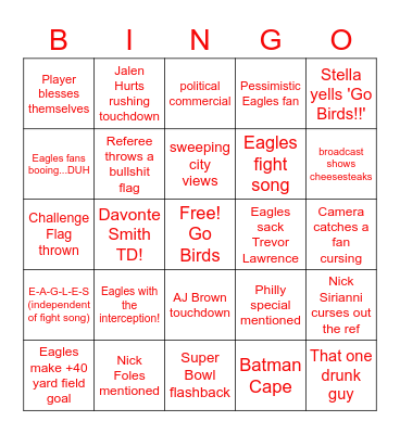 Eagles vs Jaguars Bingo Card