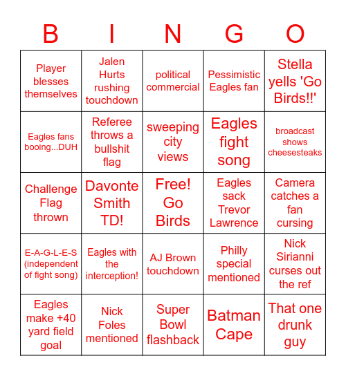 Eagles vs Jaguars Bingo Card