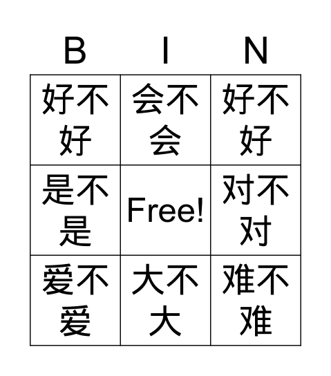 A NOT A Sentence Structure Bingo Card