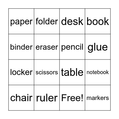 School Materials Bingo Card