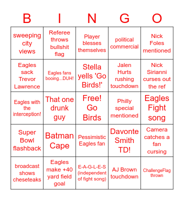 Eagles vs Jaguars Bingo Card