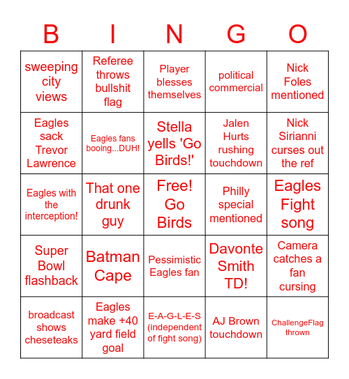 Eagles vs Jaguars Bingo Card