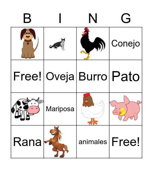 Los animales de la granja Bingo Card