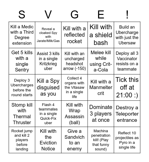 SVGE TF2 Bingo 9th Oct Bingo Card