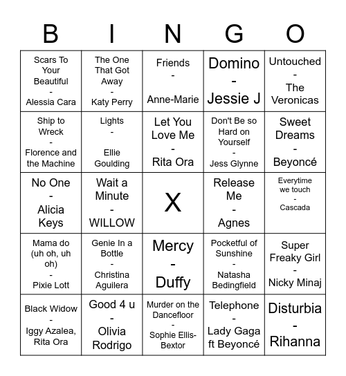 Muziekbingo Female Fatale Bingo Card