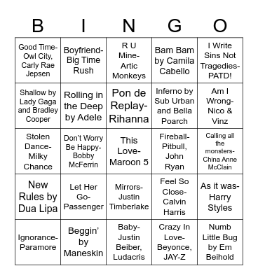 NHS Music Bingo Card
