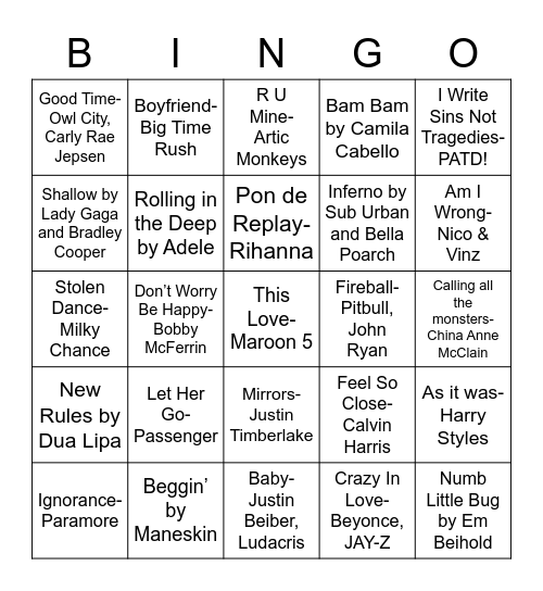 NHS Music Bingo Card