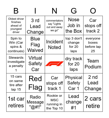 Singapore GP Bingo Card