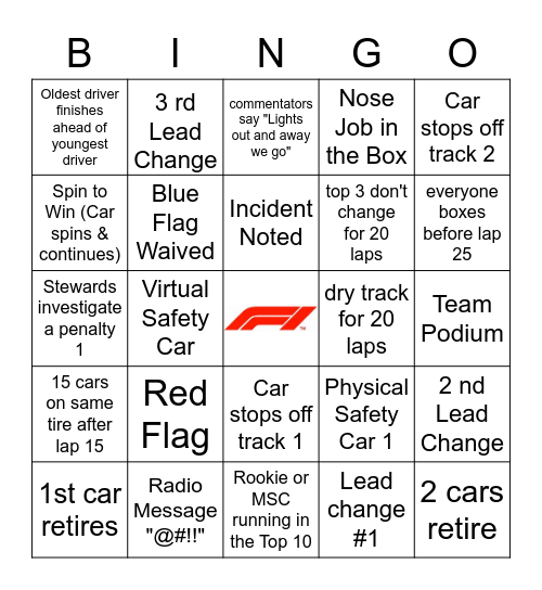 Singapore GP Bingo Card