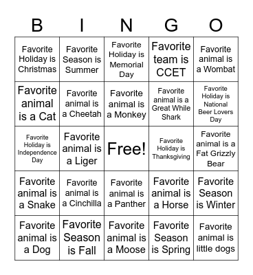 CCET's Favorite Things Bingo Card