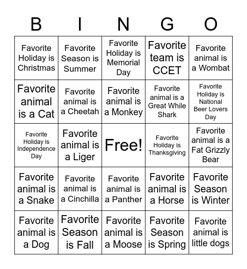 CCET's Favorite Things Bingo Card