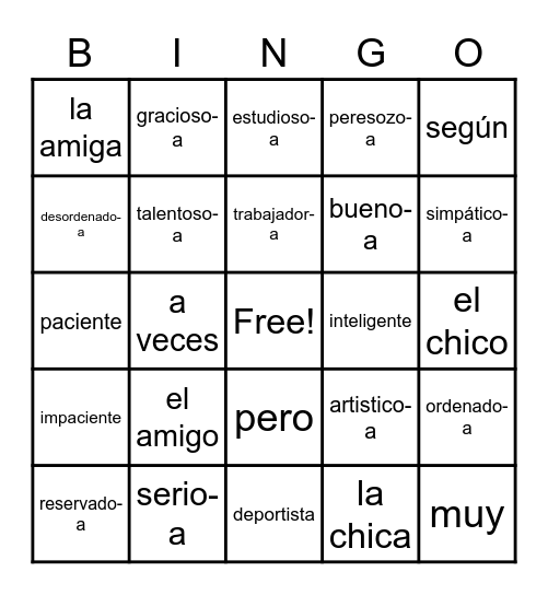 Spanish 1 - Unit 1B Vocabulary Bingo Card