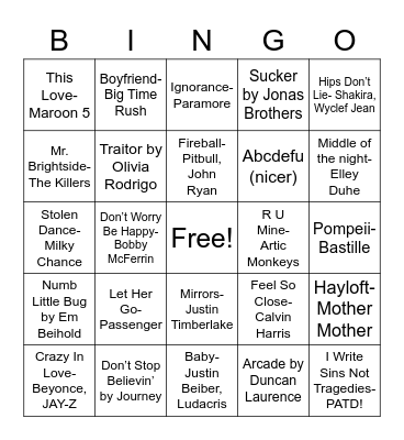 NHS Music Bingo Card