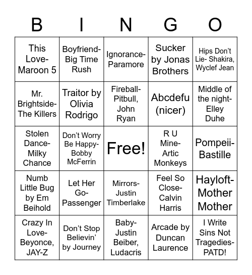 NHS Music Bingo Card