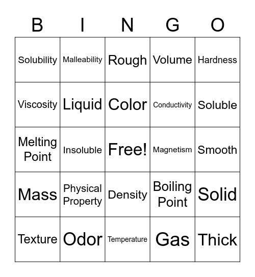 Physical Properties Bingo Card