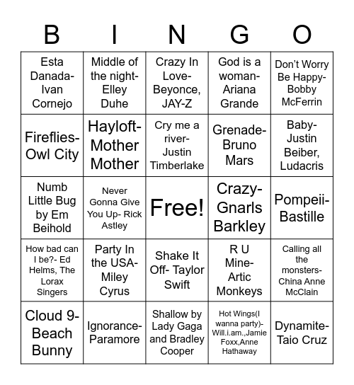 NHS Music Bingo Card