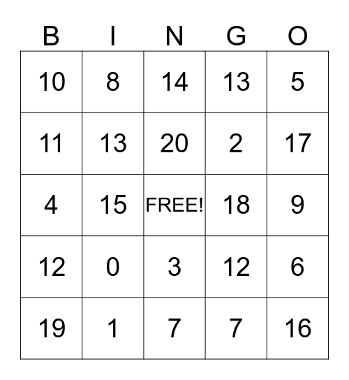 Number Identification Bingo Card