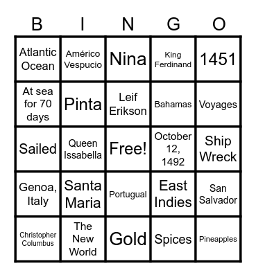 Christopher Columbus Bingo Card