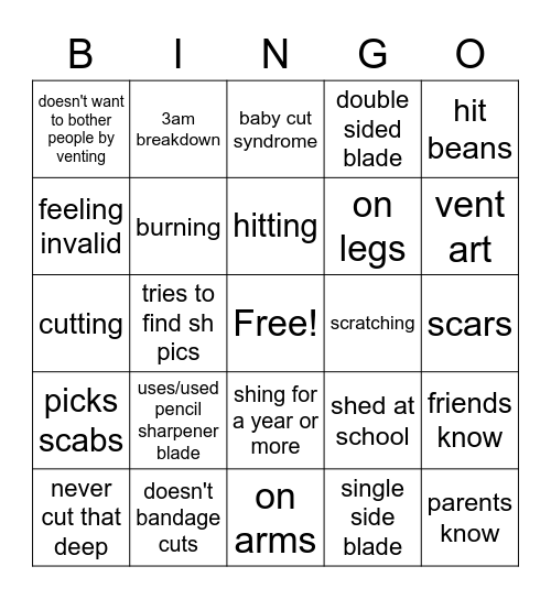 Self Harm Bingo Card